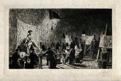 A male nude model being drawn by a life drawing class by lamplight. Etching by A. Ballin, 1875.